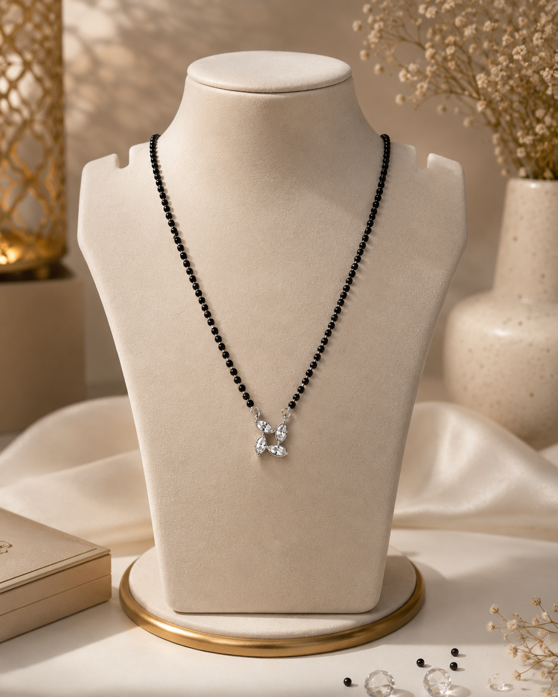 925 Sterling Silver Floral Mangalsutra Pendant with Black Beads Chain