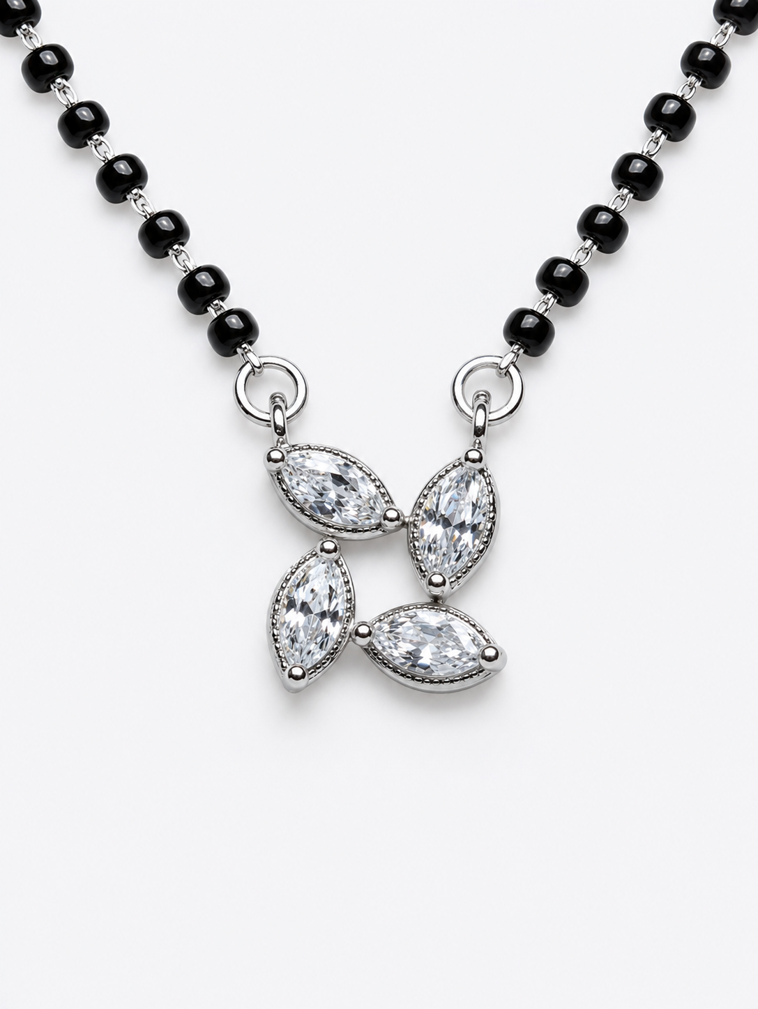 925 Sterling Silver Floral Mangalsutra Pendant with Black Beads Chain - View 3