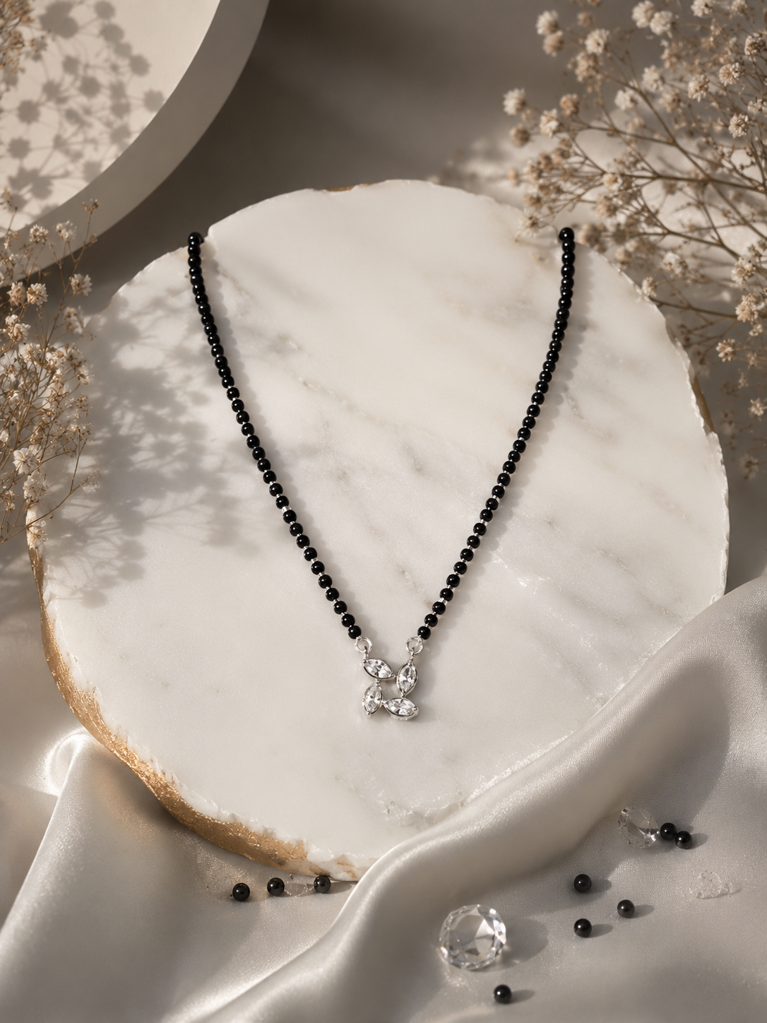 925 Sterling Silver Floral Mangalsutra Pendant with Black Beads Chain - View 4