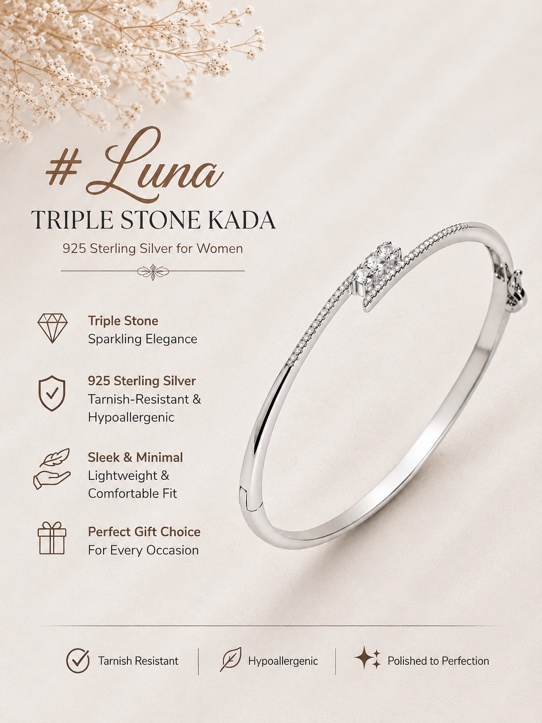 Luna Triple Stone 925 Sterling Silver Kada for Women - View 10