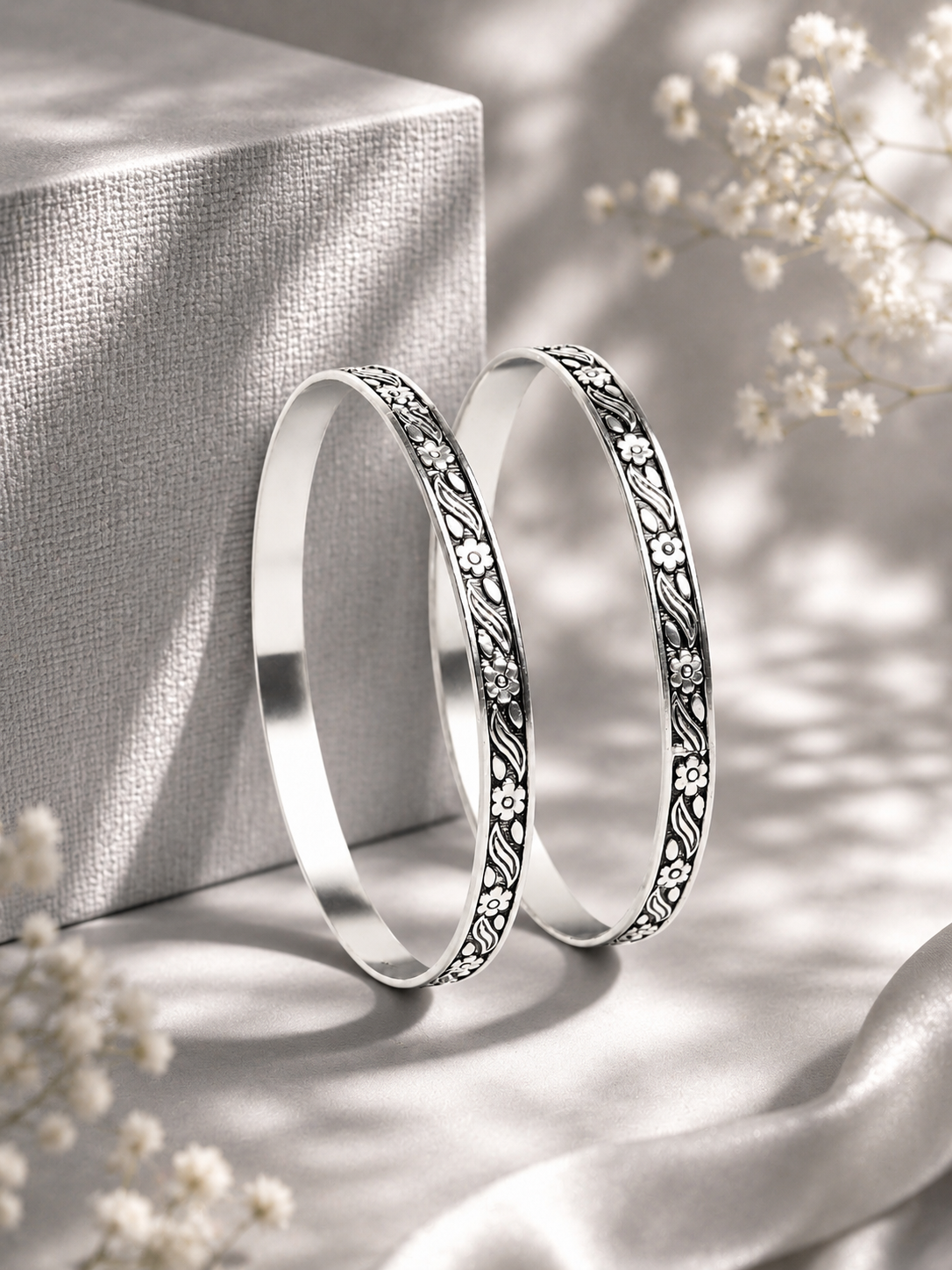 925 Sterling Silver Oxidized Floral Engraved Bangle Set for Women