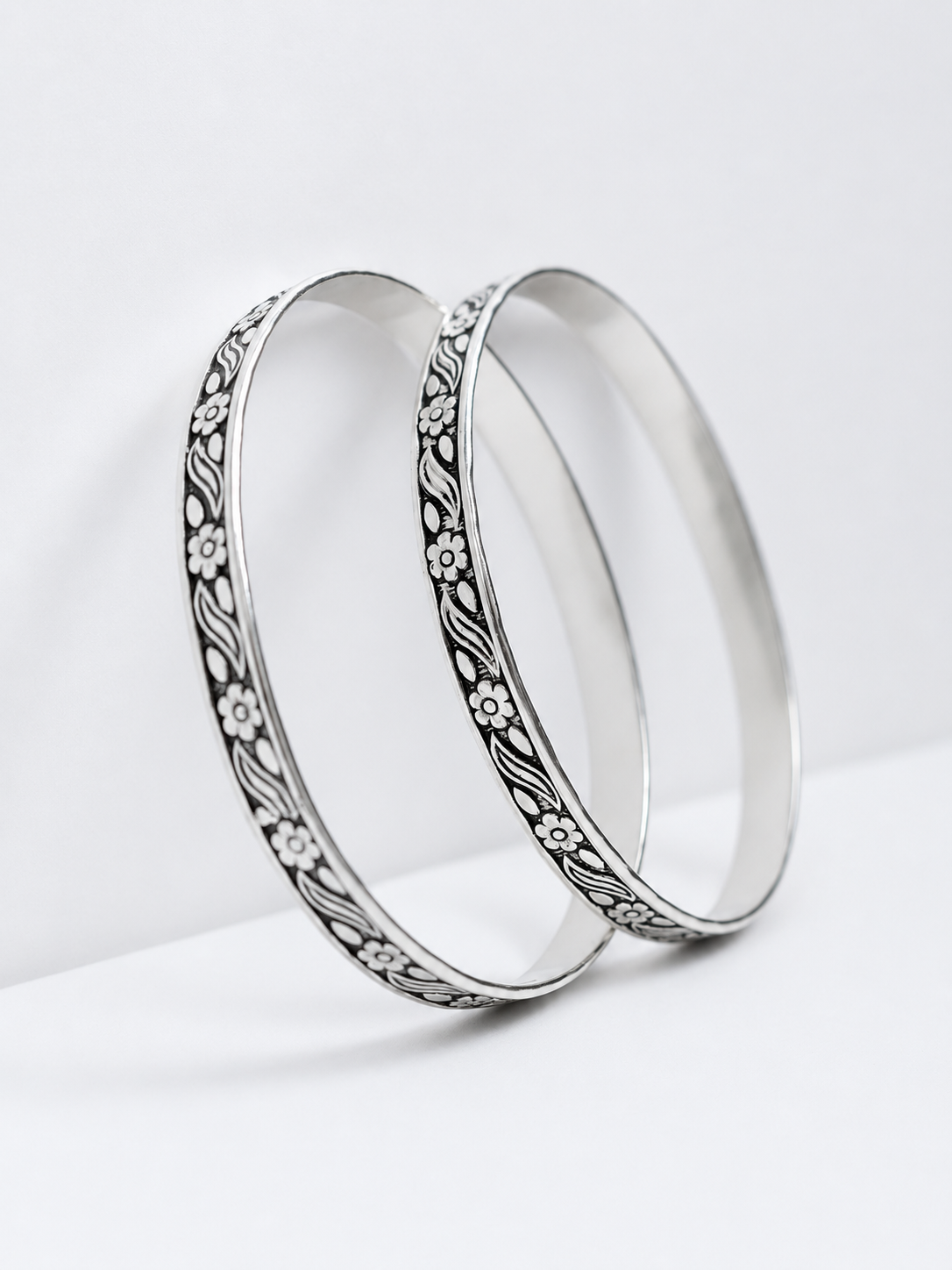 925 Sterling Silver Oxidized Floral Engraved Bangle Set for Women - View 2