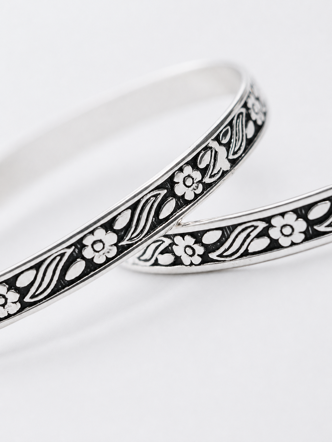 925 Sterling Silver Oxidized Floral Engraved Bangle Set for Women - View 3