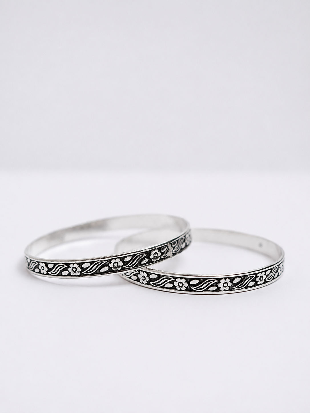 925 Sterling Silver Oxidized Floral Engraved Bangle Set for Women - View 4