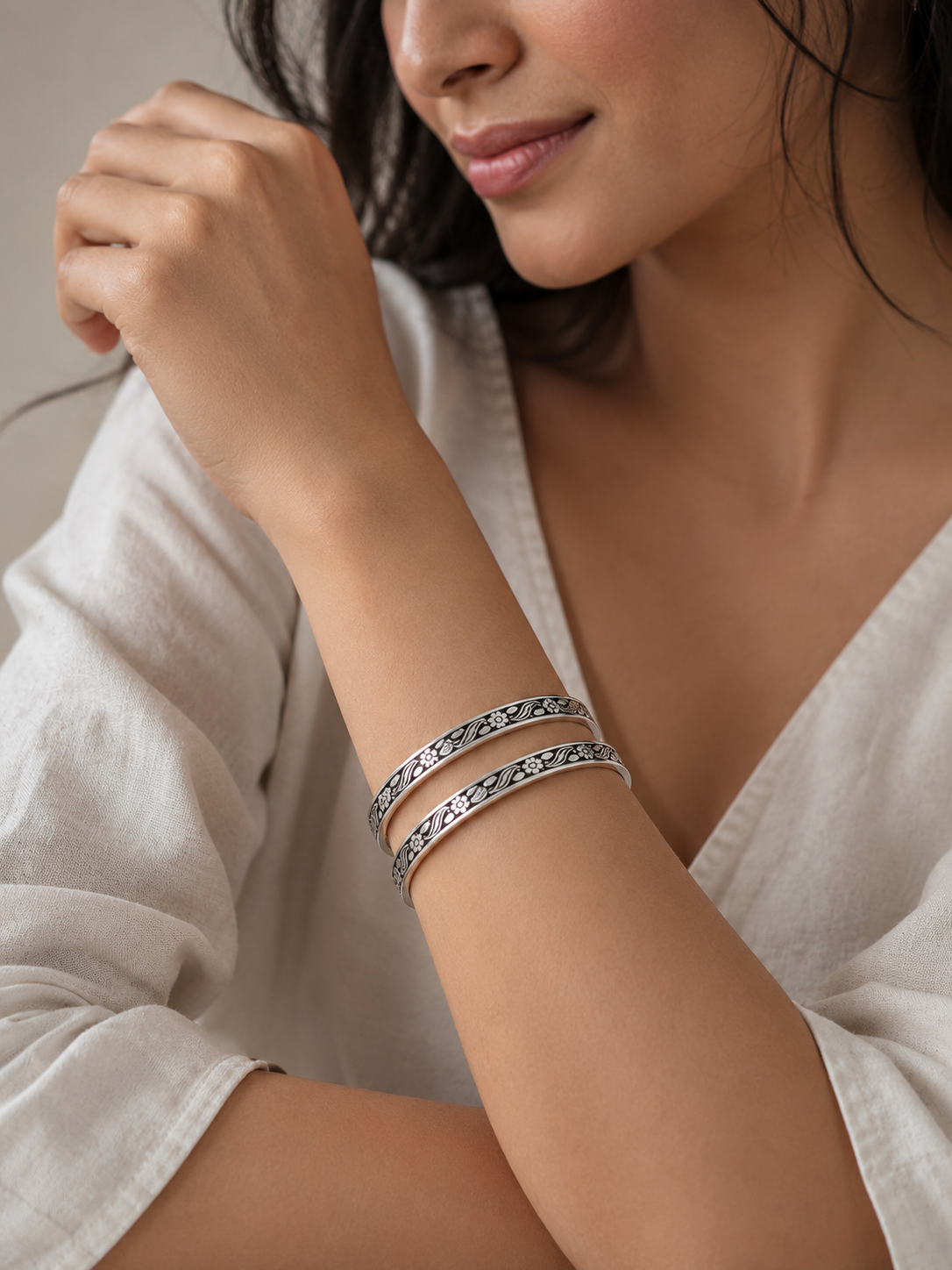 925 Sterling Silver Oxidized Floral Engraved Bangle Set for Women - View 5