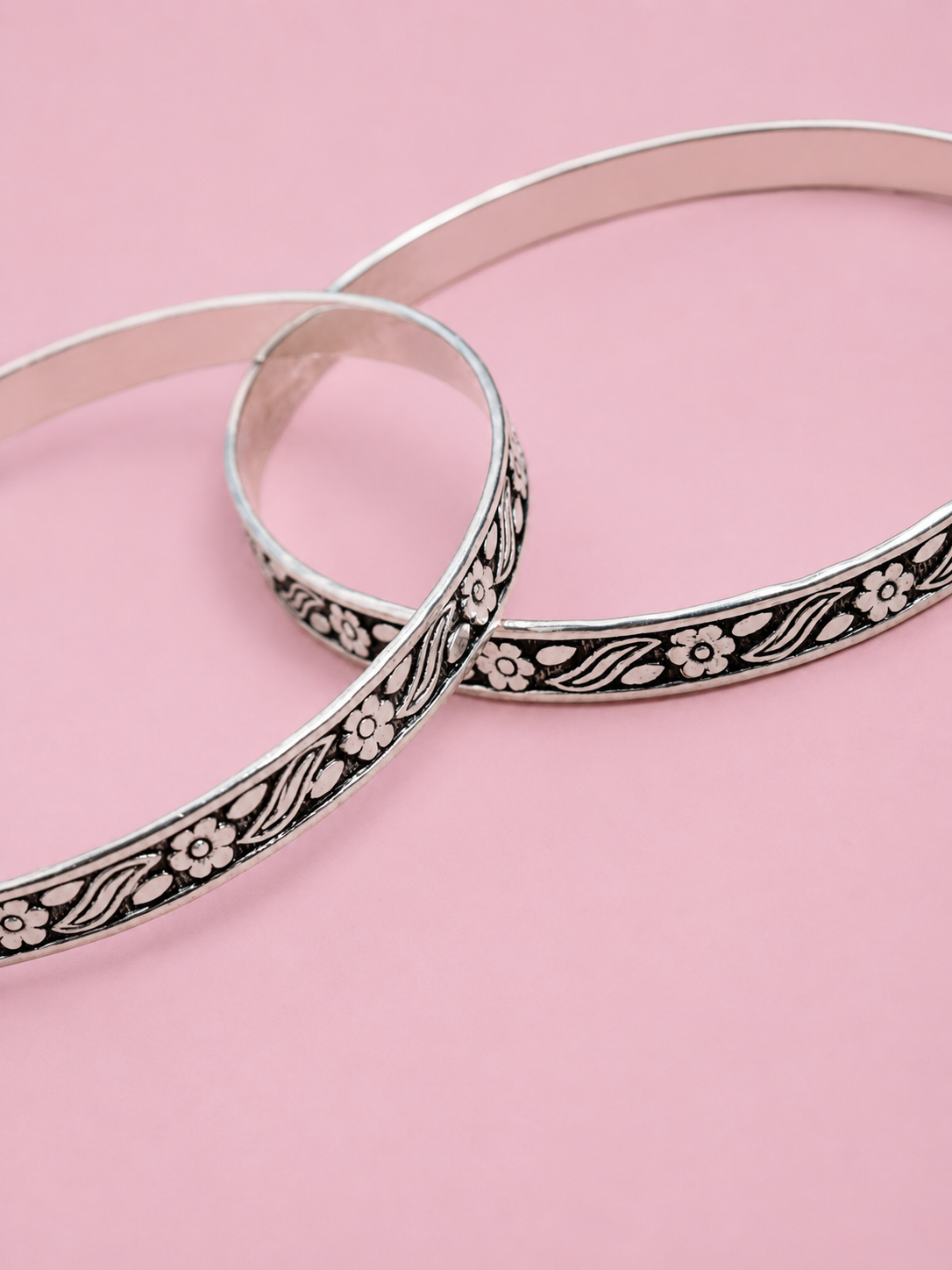925 Sterling Silver Oxidized Floral Engraved Bangle Set for Women - View 6