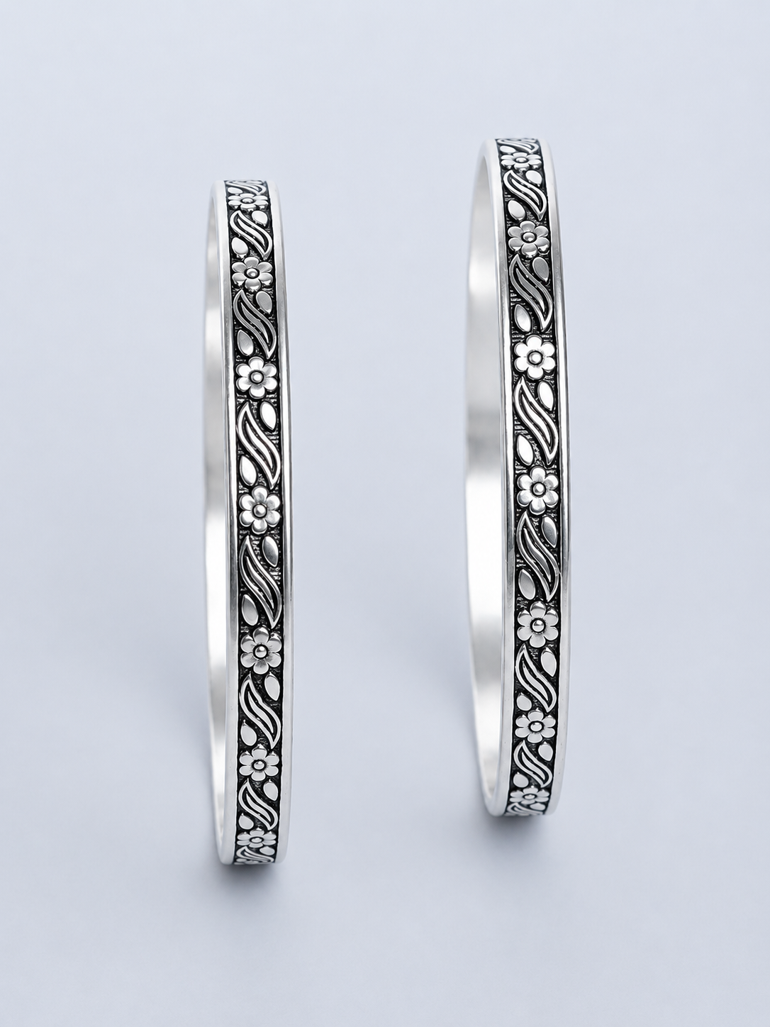 925 Sterling Silver Oxidized Floral Engraved Bangle Set for Women - View 7