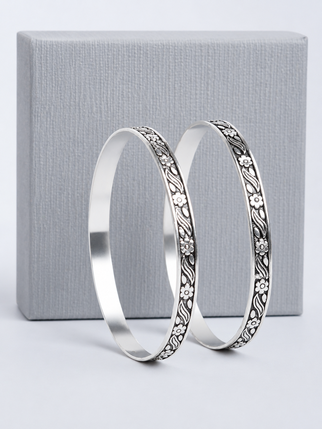 925 Sterling Silver Oxidized Floral Engraved Bangle Set for Women - View 8
