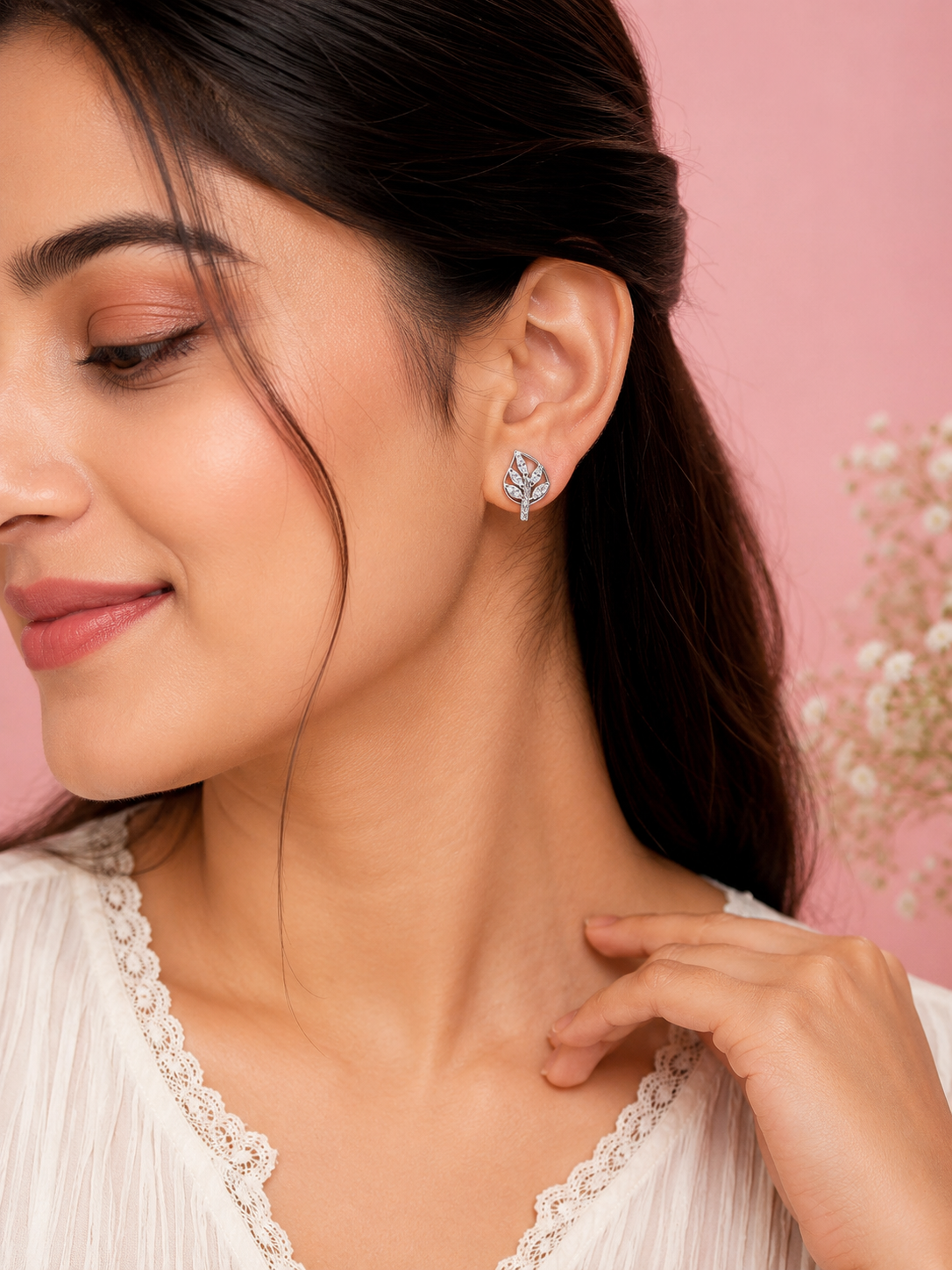 925 Sterling Silver Leaf Sparkle Stud Earrings for Women - View 2