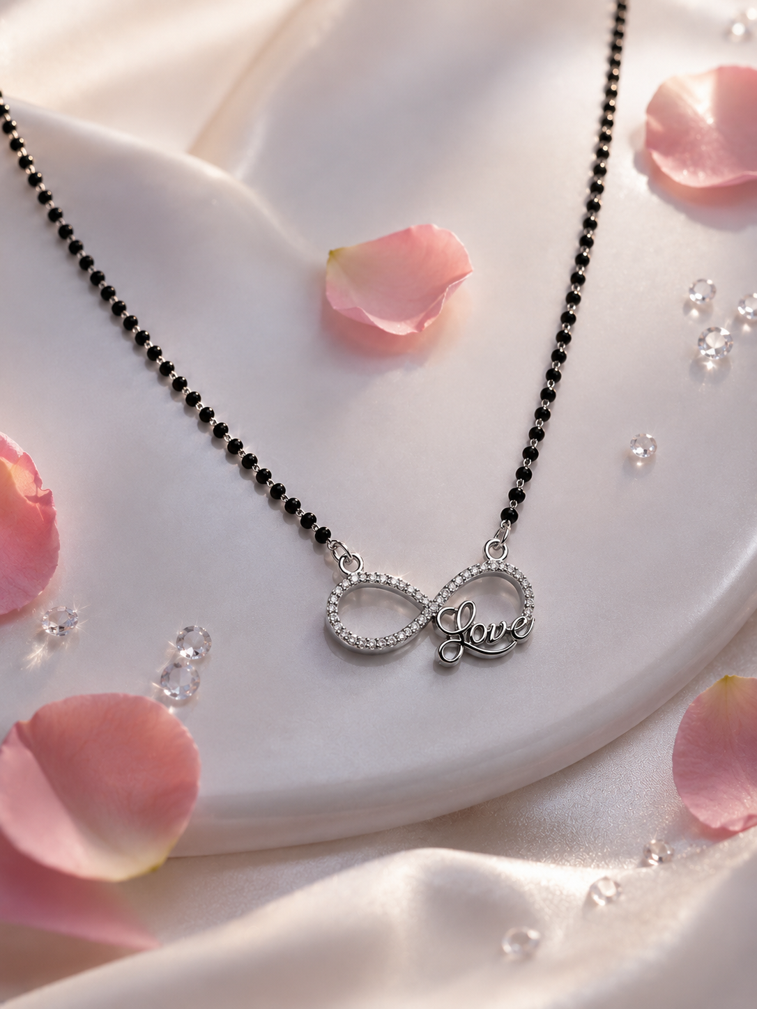 925 Sterling Silver Infinity Love Mangalsutra Pendant with Black Beads Chain