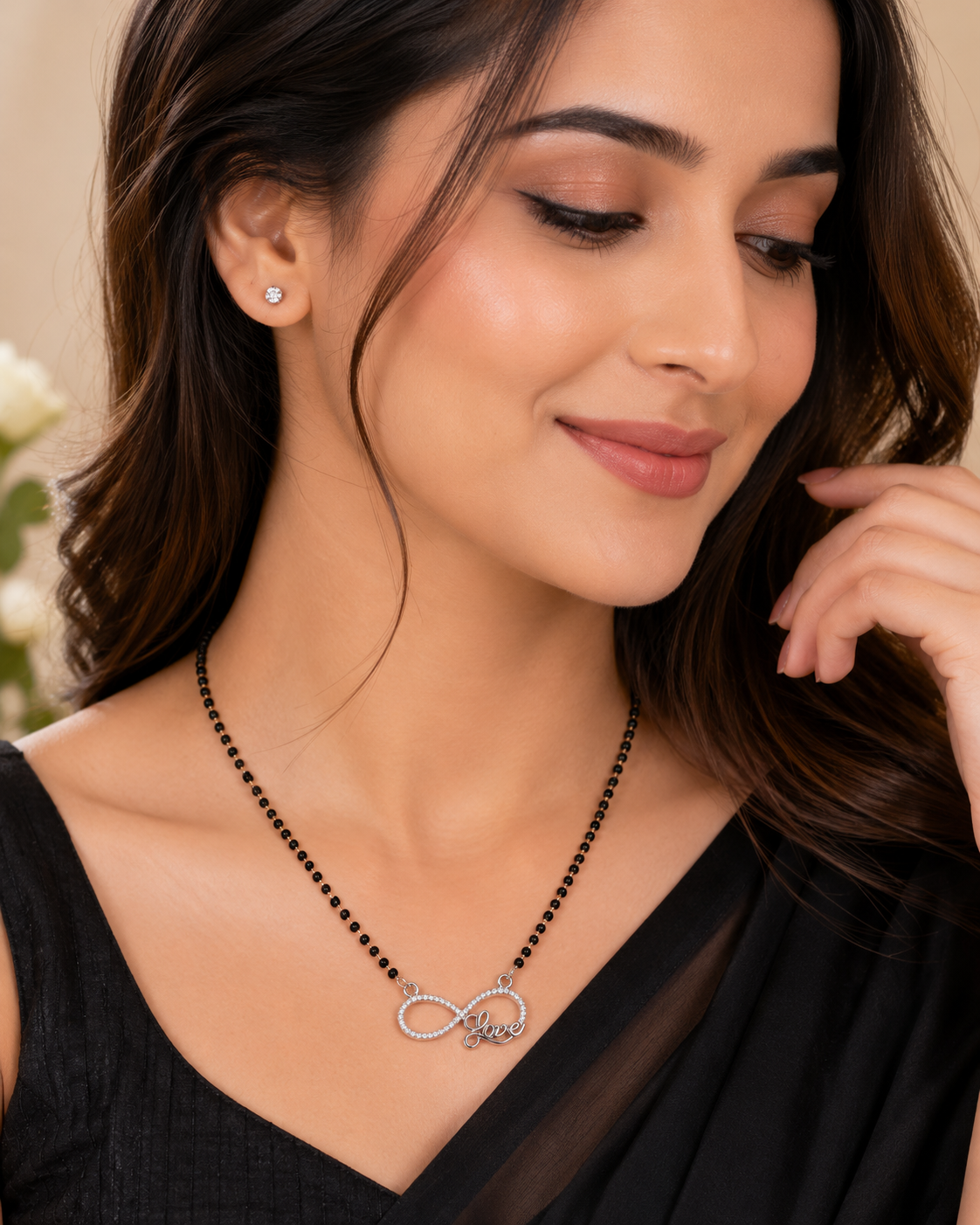 925 Sterling Silver Infinity Love Mangalsutra Pendant with Black Beads Chain - View 2