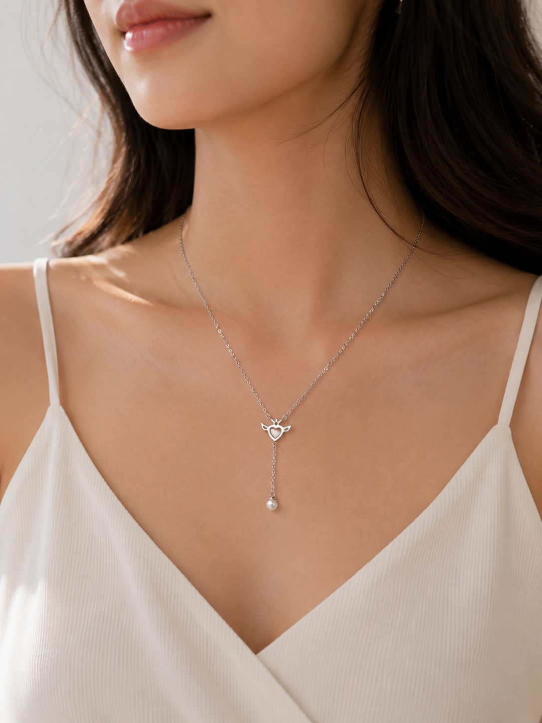 925 Sterling Silver Angel Heart Pendant Set with Pearl Drop for Women - View 2