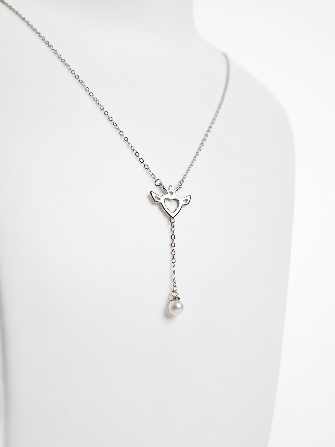 925 Sterling Silver Angel Heart Pendant Set with Pearl Drop for Women - View 3