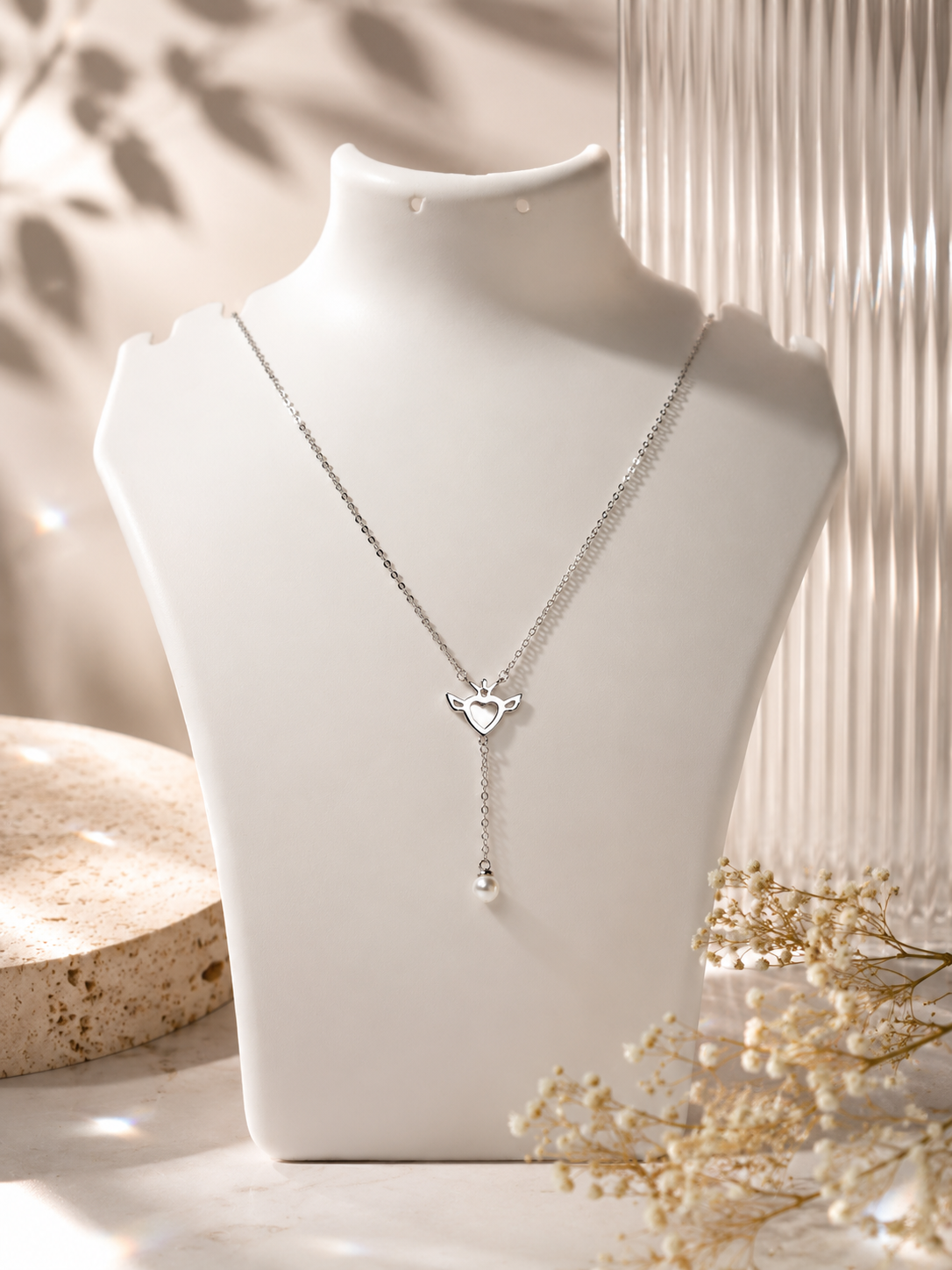 925 Sterling Silver Angel Heart Pendant Set with Pearl Drop for Women