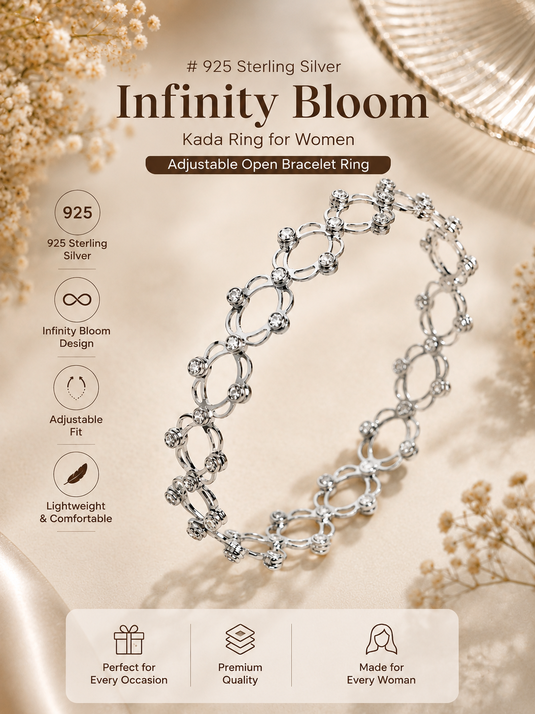 925 Sterling Silver Infinity Bloom Kada Ring for Women | Adjustable Open Bracelet Ring - View 10