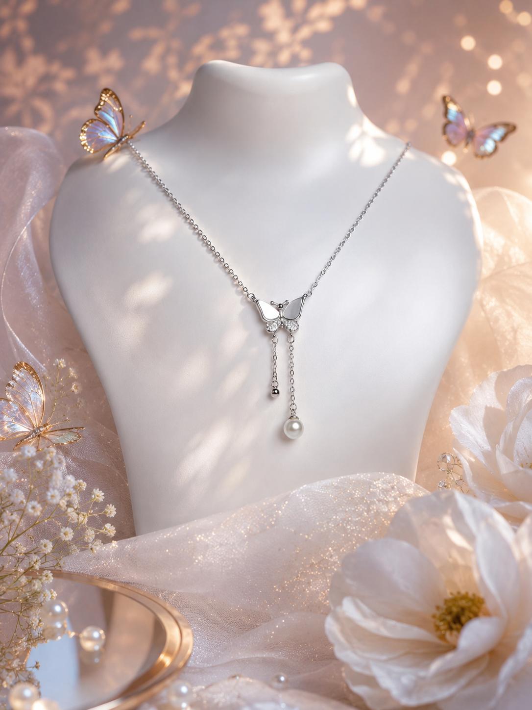 925 Sterling Silver Butterfly Pearl Drop Pendant with Chain for Women