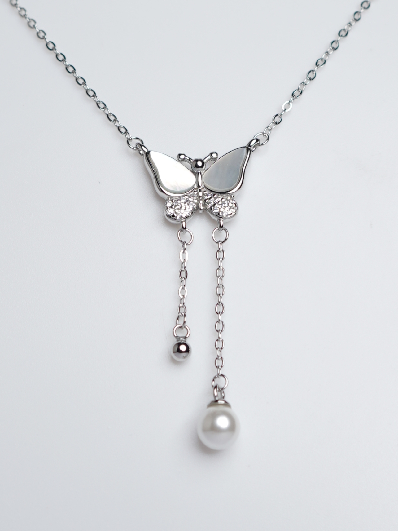 925 Sterling Silver Butterfly Pearl Drop Pendant with Chain for Women - View 3