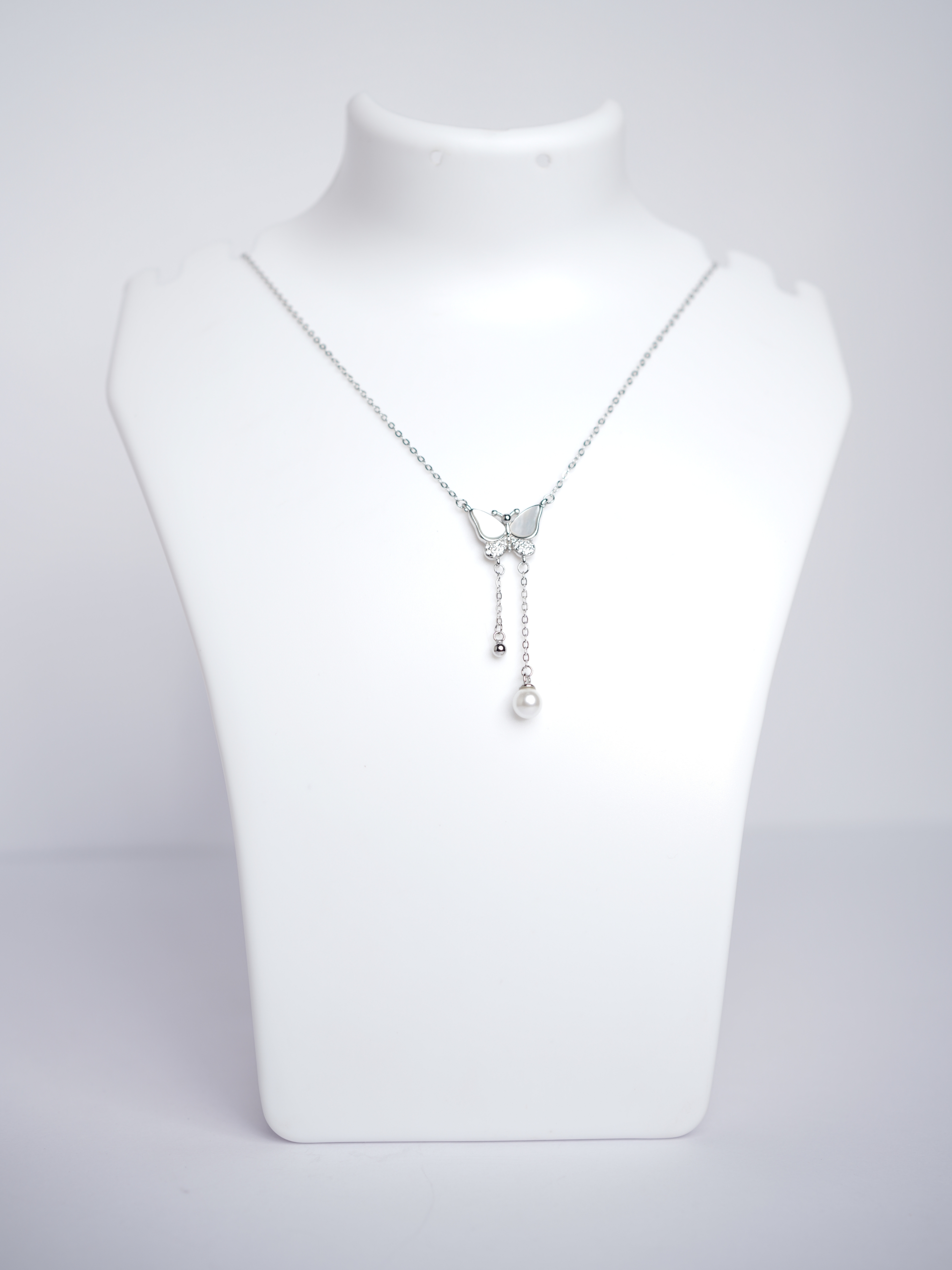 925 Sterling Silver Butterfly Pearl Drop Pendant with Chain for Women - View 4