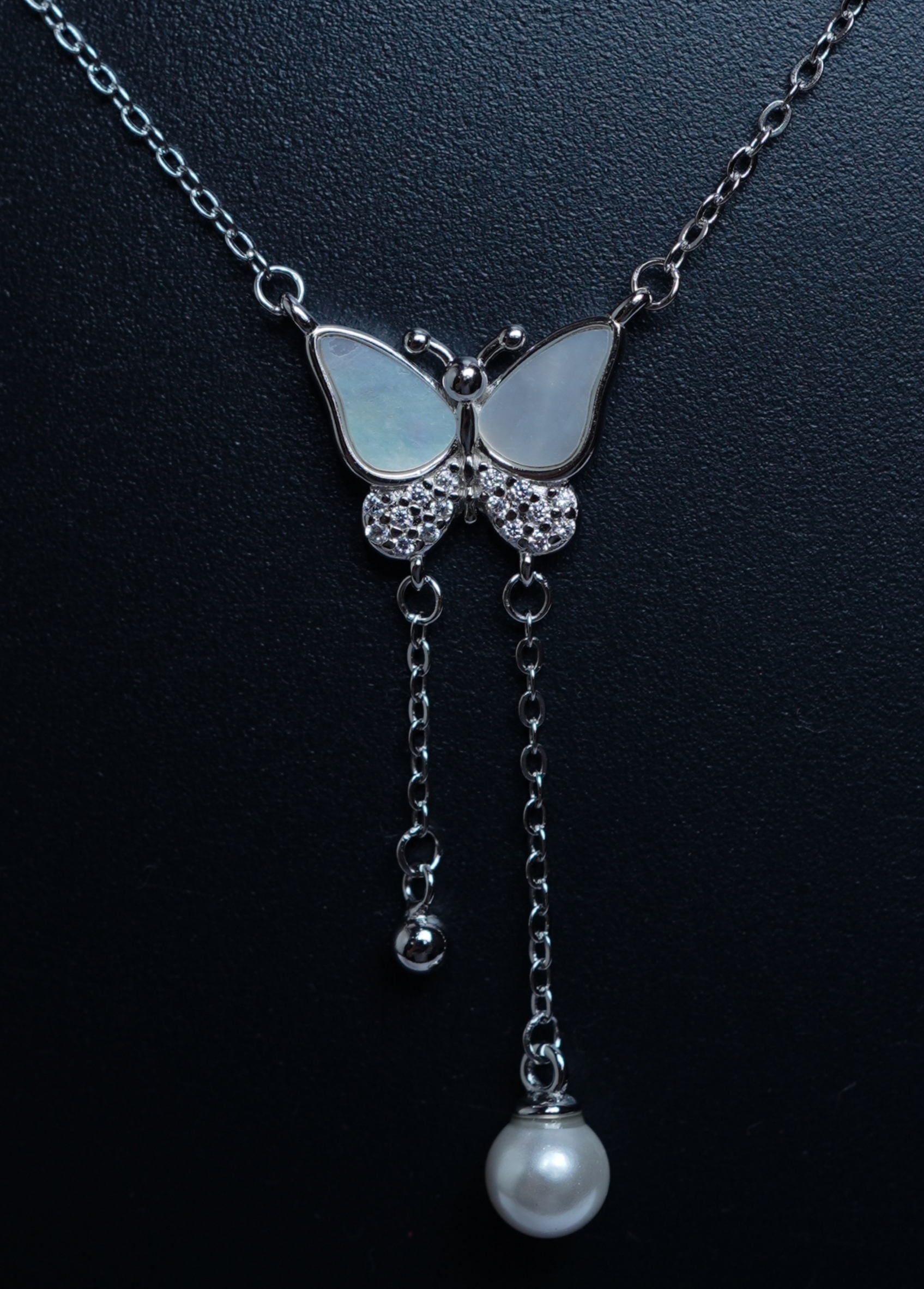 925 Sterling Silver Butterfly Pearl Drop Pendant with Chain for Women - View 5