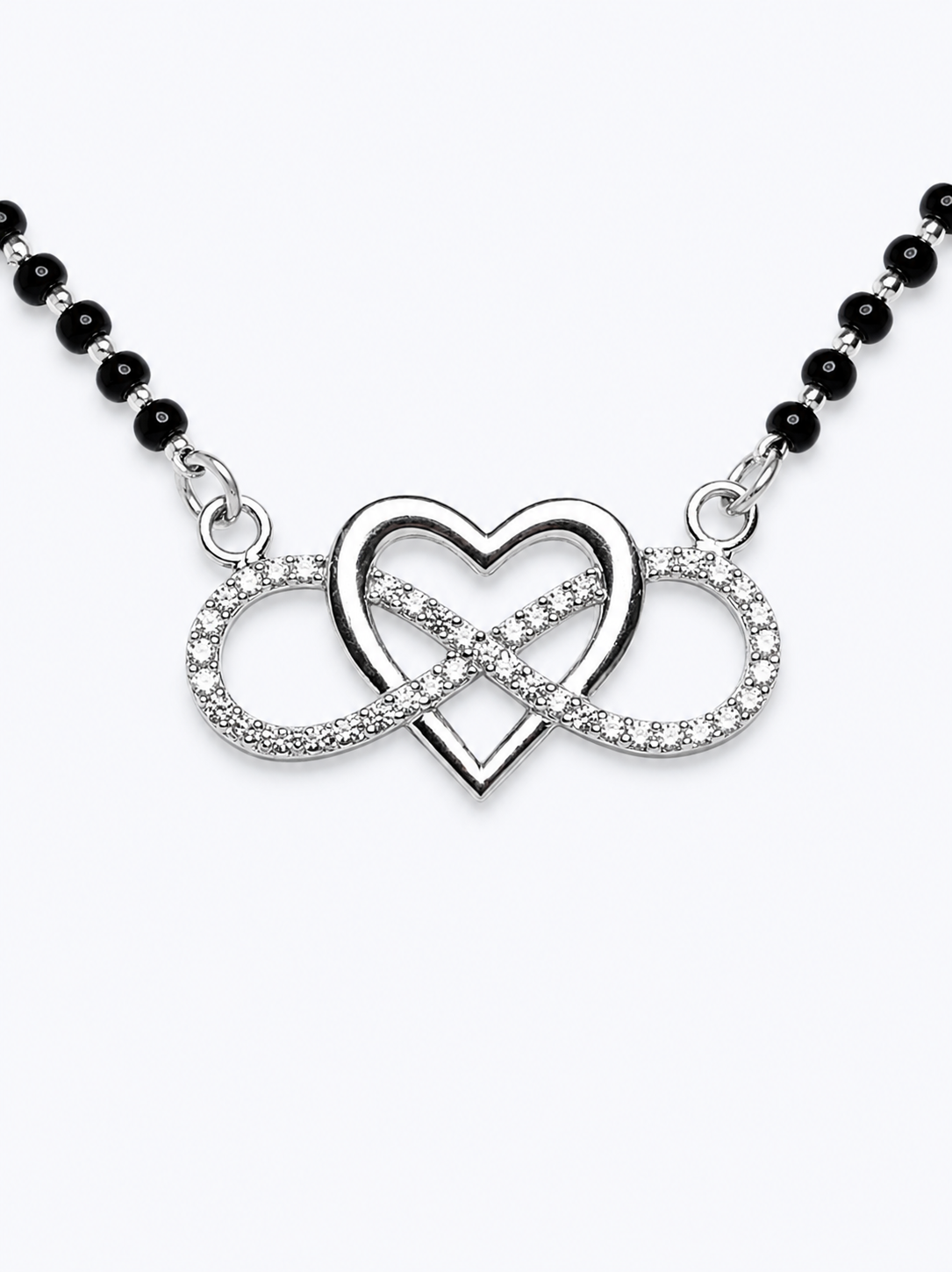 925 Sterling Silver Double Heart Infinity Mangalsutra Pendant with Black Beads Chain - View 3