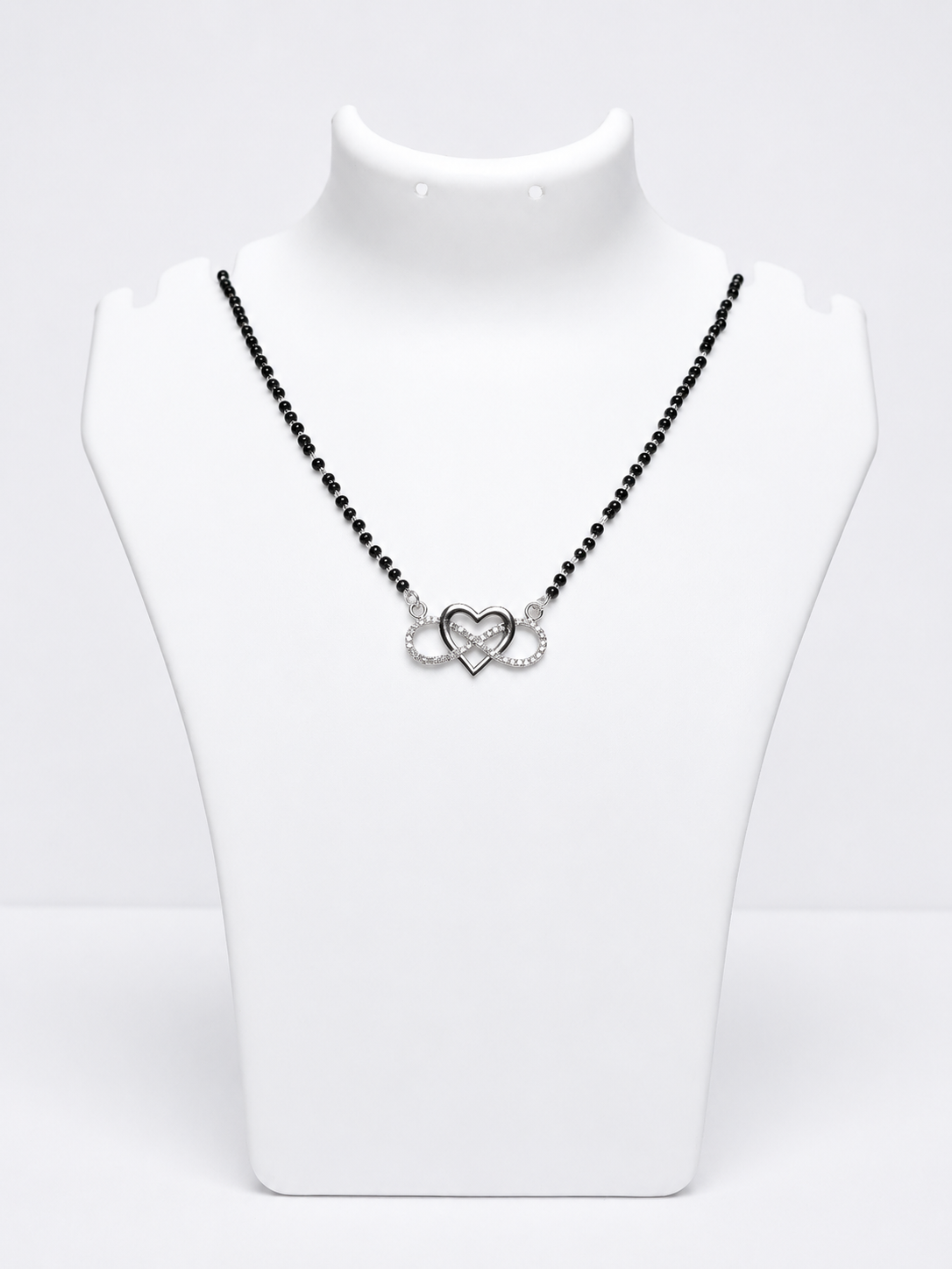 925 Sterling Silver Double Heart Infinity Mangalsutra Pendant with Black Beads Chain - View 4