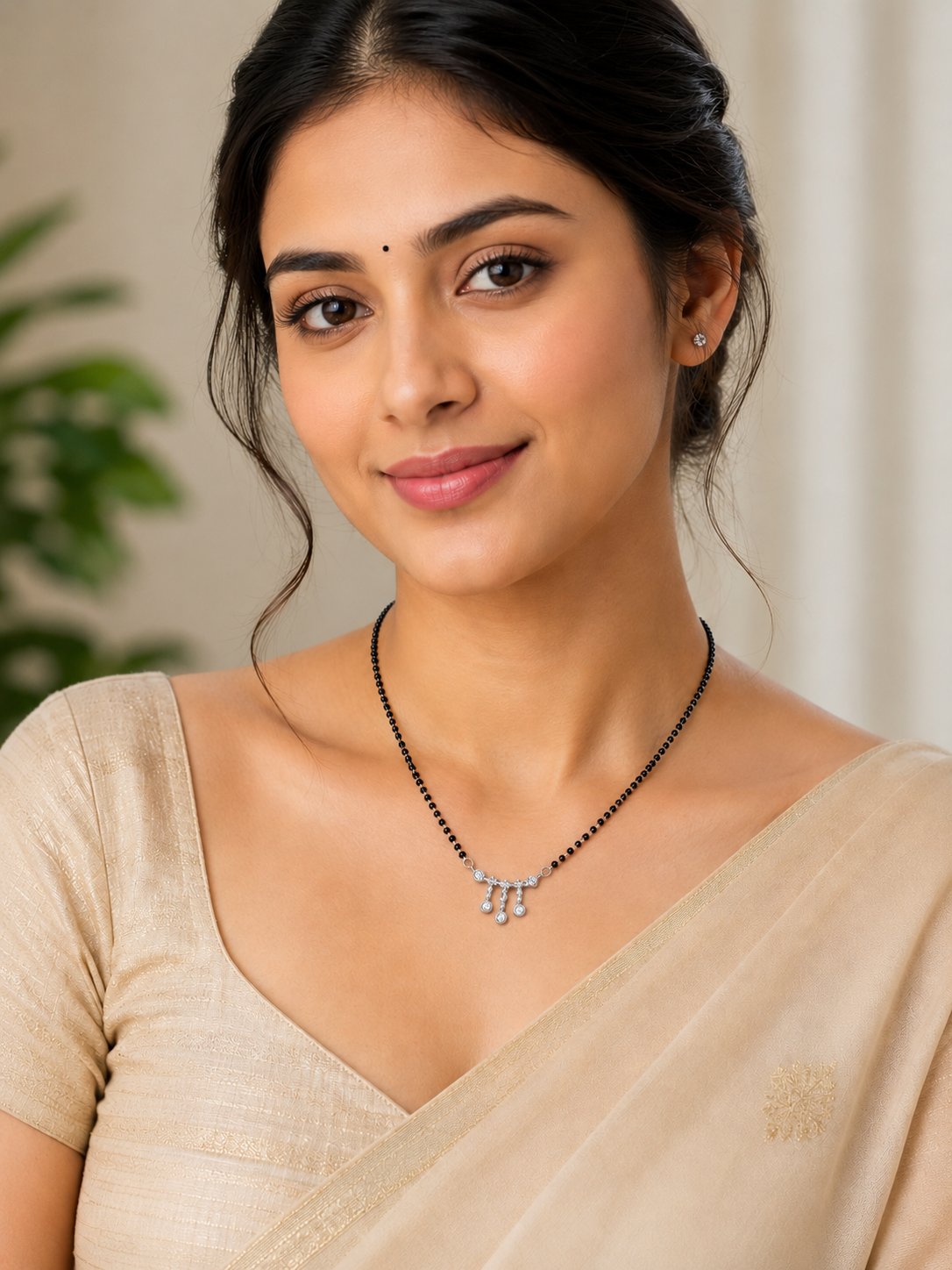 925 Sterling Silver Mangalsutra Pendant with Black Beads Chain - View 2