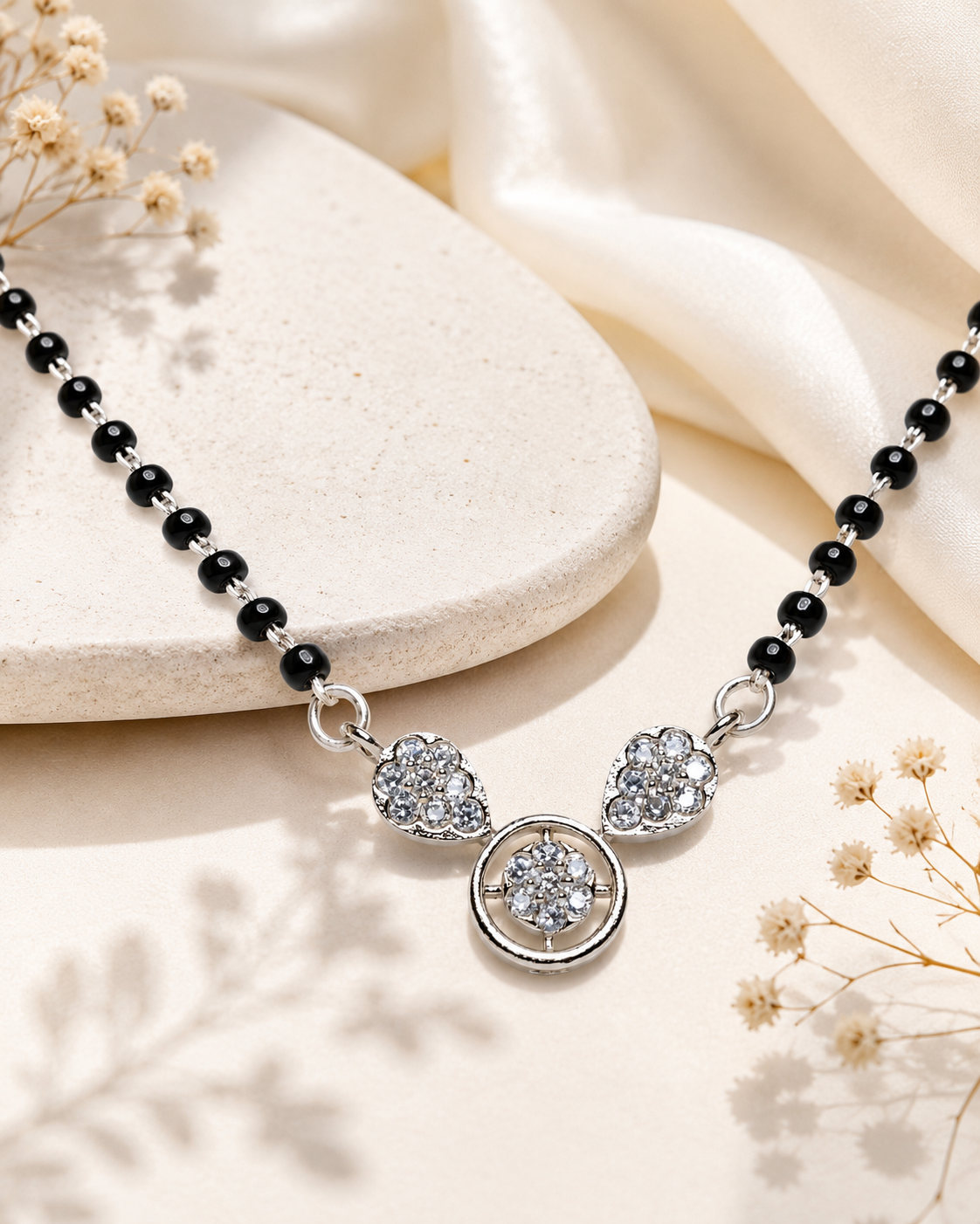 925 Sterling Silver CZ Mangalsutra with Black Bead Chain - View 6