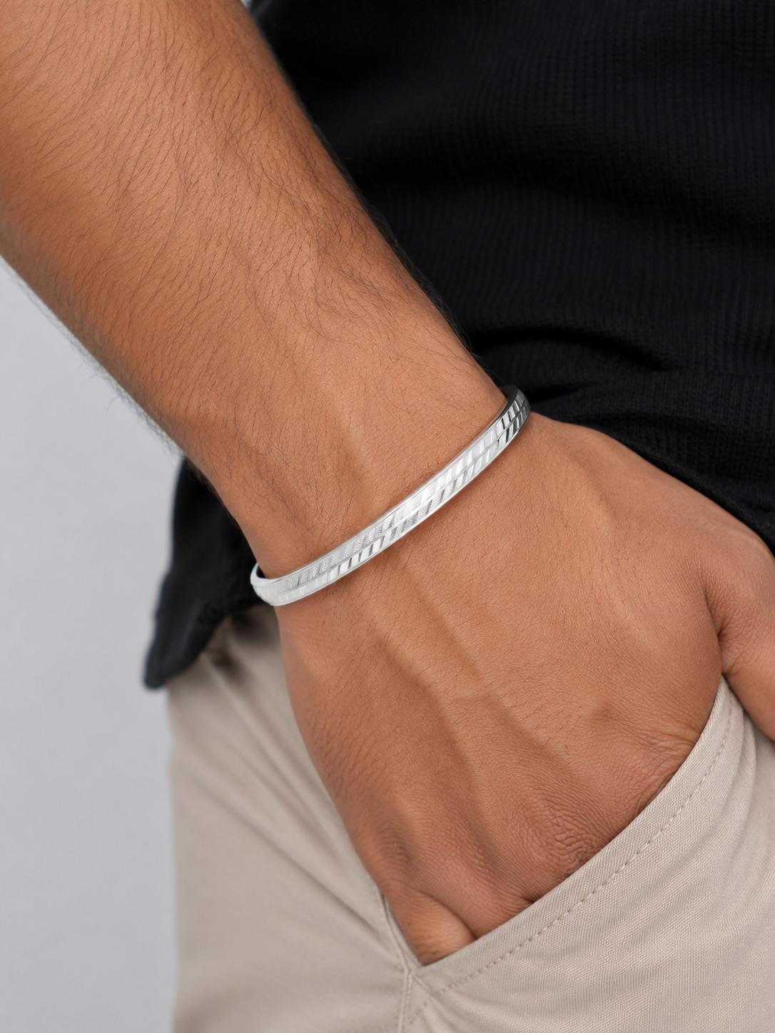 925 Sterling Silver Urban Edge Pattern Kada for Men - View 2