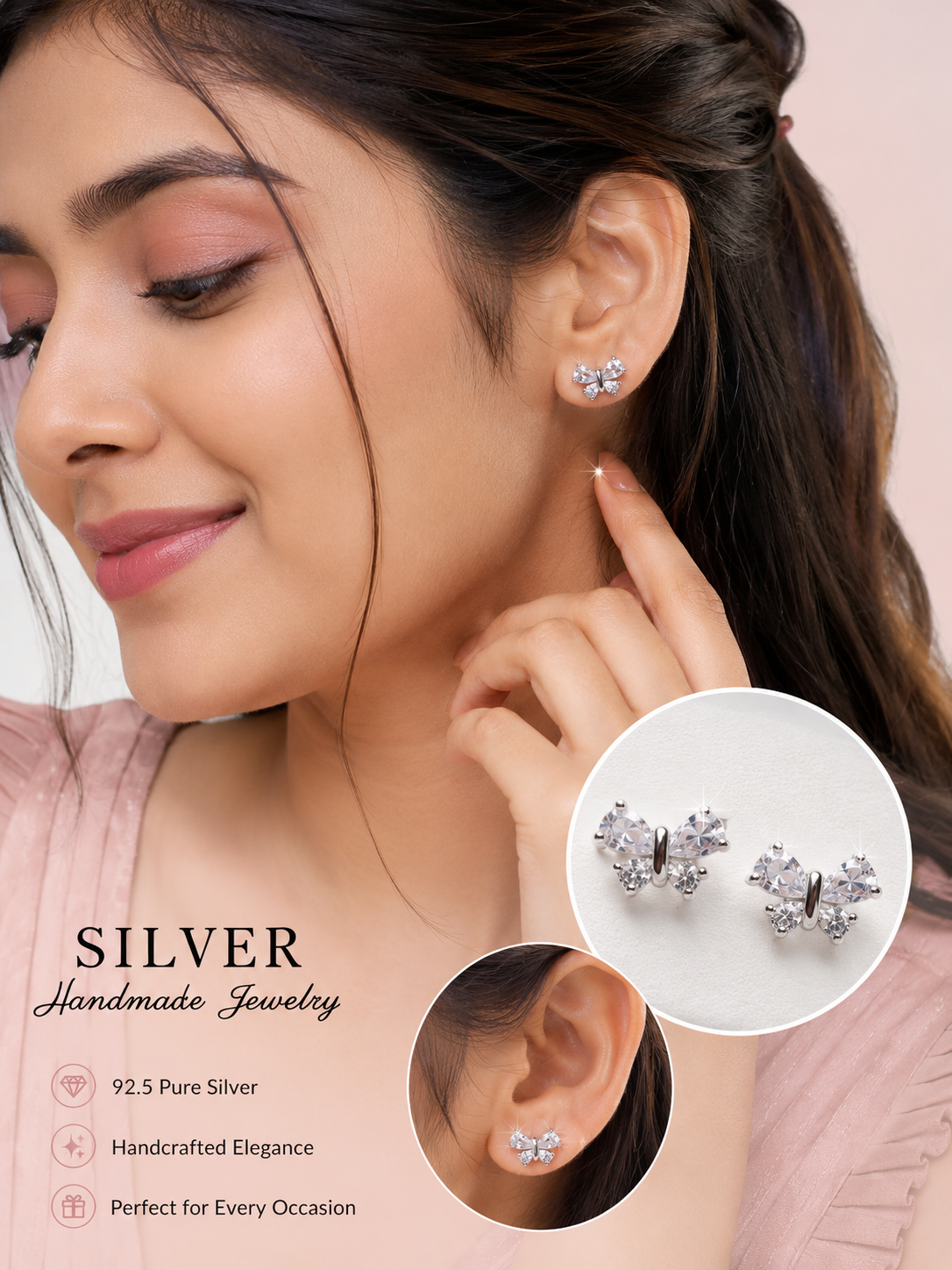 Radiant Ribbon 925 Sterling Silver Stud Earrings - View 2