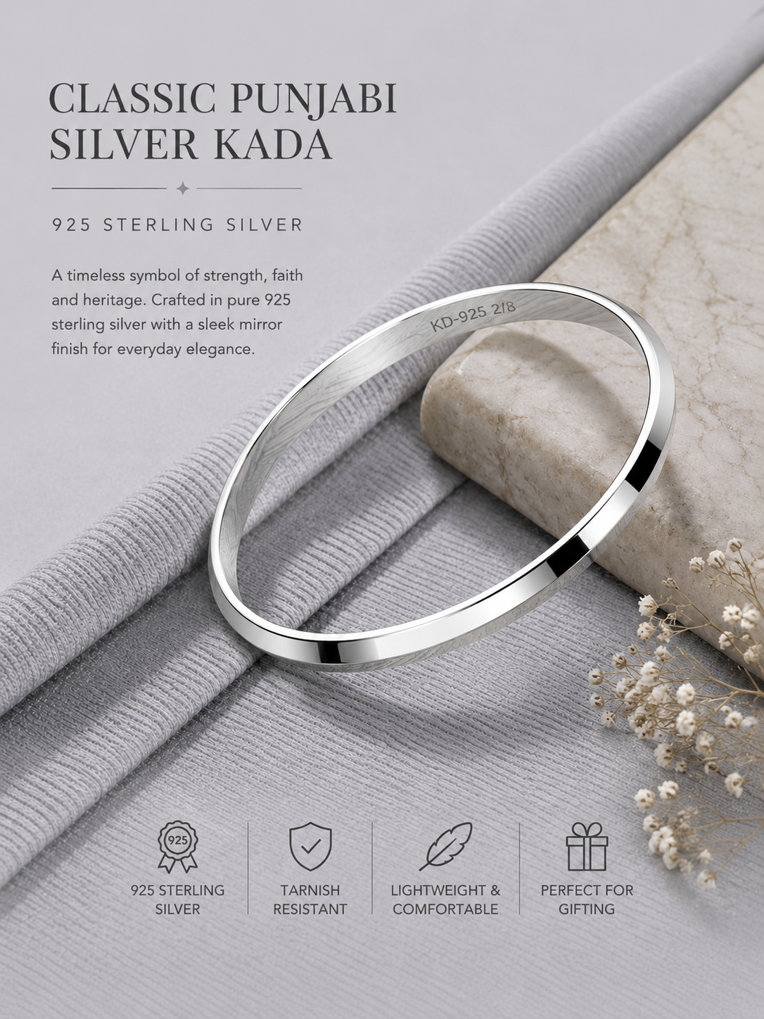 925 Sterling Silver Punjabi Kada for Men & Women | Classic Mirror Finish - View 5