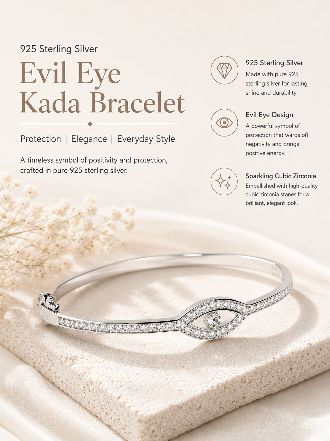 925 Sterling Silver Evil Eye Kada Bracelet for Women - View 7